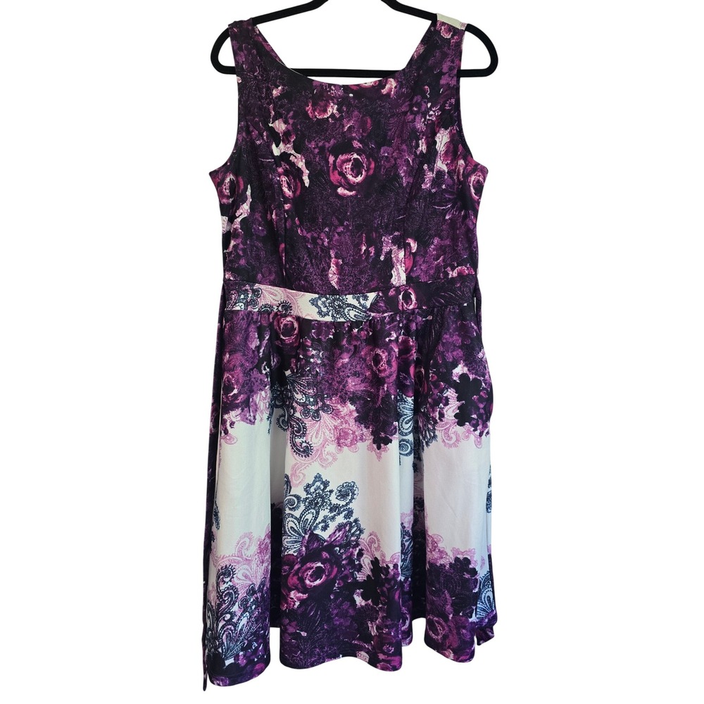 Purple‎ Floral Paisley Sleeveless Fit & Flare Midi Dress with Pockets Womens